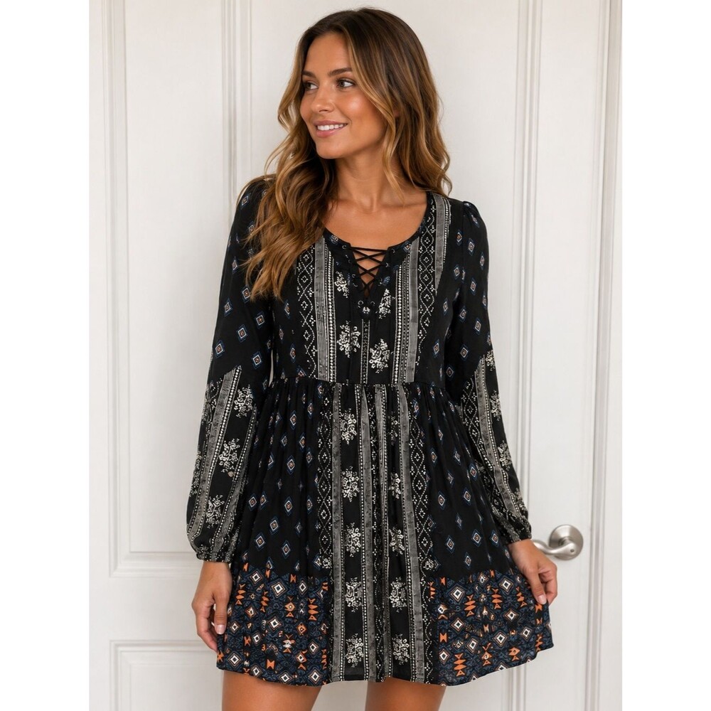 Bohemian Black Mixed-Print Long Sleeve Dress